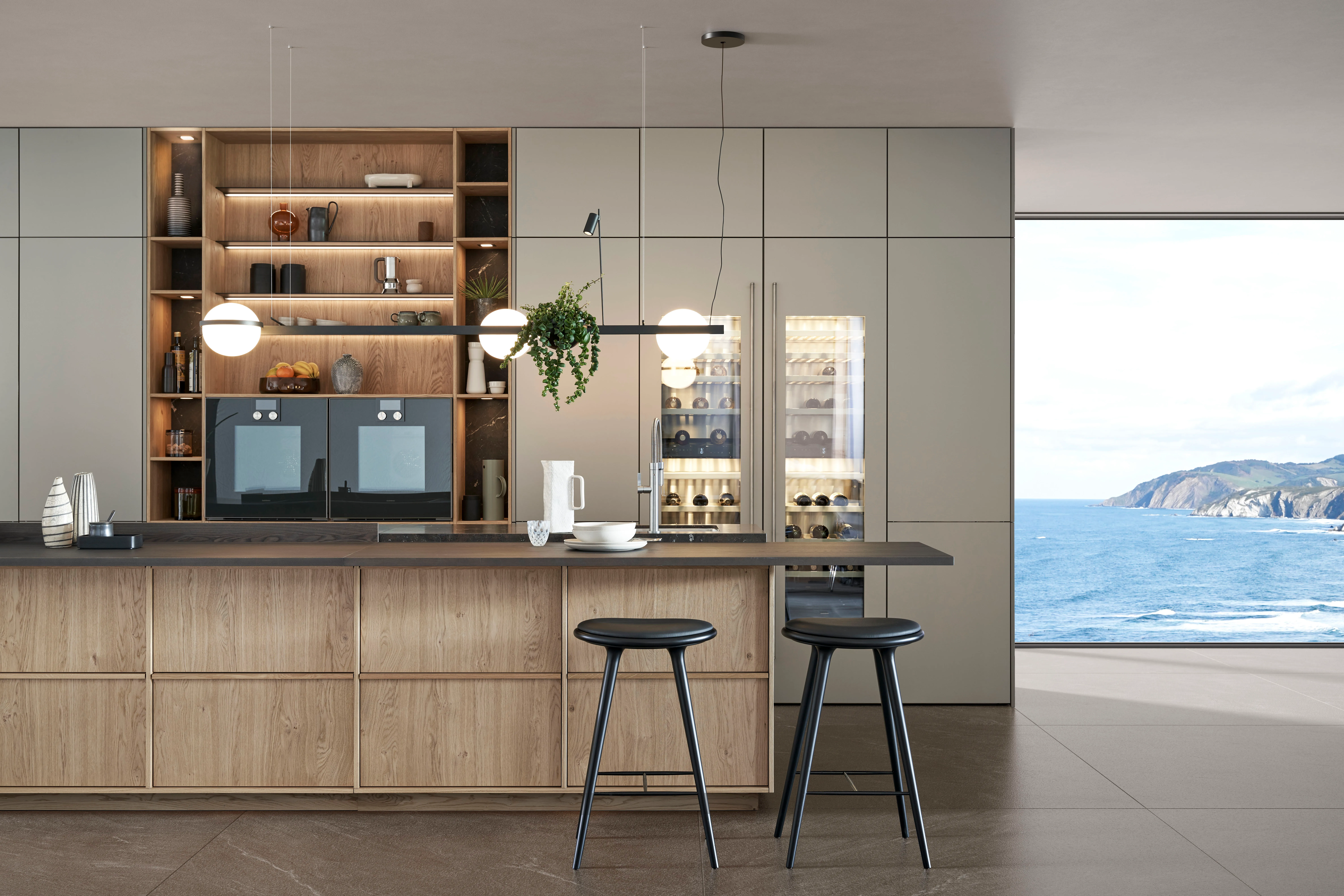 Kücheninsel mit beleuchtetem Eichenholz-Regal, zwei Backöfen und Weinkühlschrank