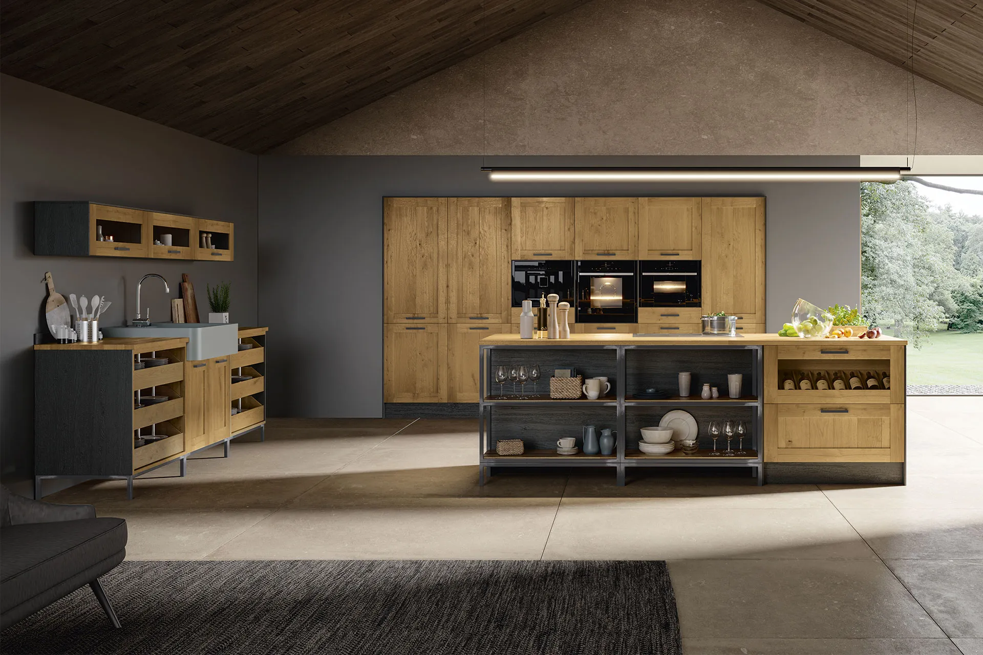 Massivholzküche OSTER BRADFORD in Wildeiche Natur geölt mit Rohrstahl-Elementen