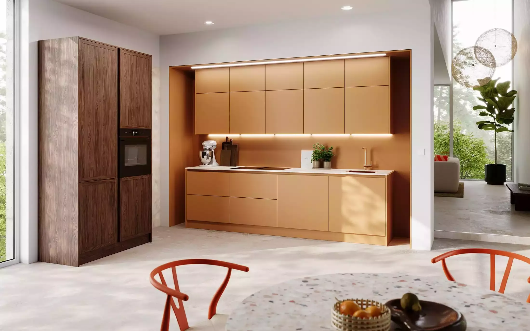 Rotpunkt Küche Zerox FX Fenix Giallo Evora mit Smala 40 WN Walnut Hochschränken